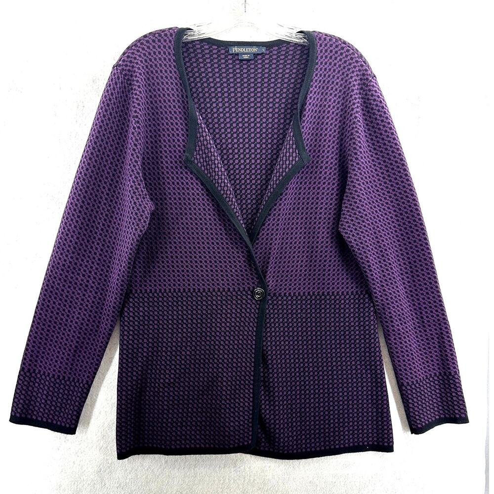 Pendleton Size Large Cardigan Sweater Houndstooth Merino Wool Purple Black
